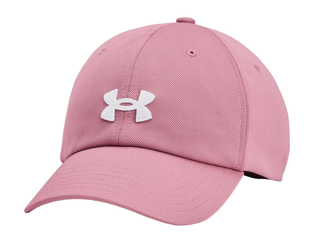 Gorra deportiva Under Armour de color rosa con logotipo blanco frontal y visera curva.