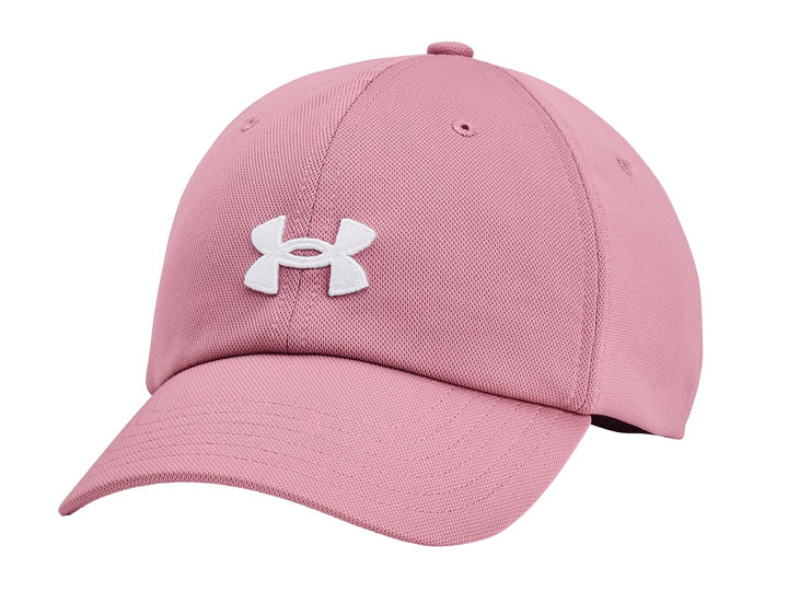 Gorra deportiva Under Armour de color rosa con logotipo blanco frontal y visera curva.