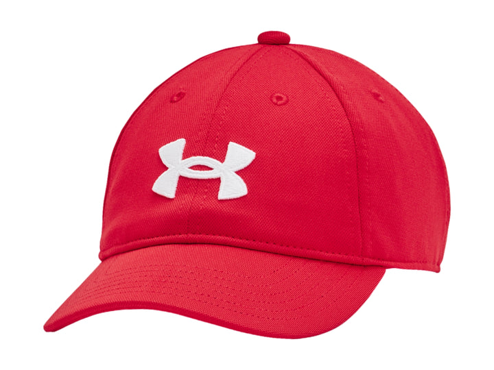 Gorra deportiva Under Armour de color rojo con logotipo blanco bordado en el frente.