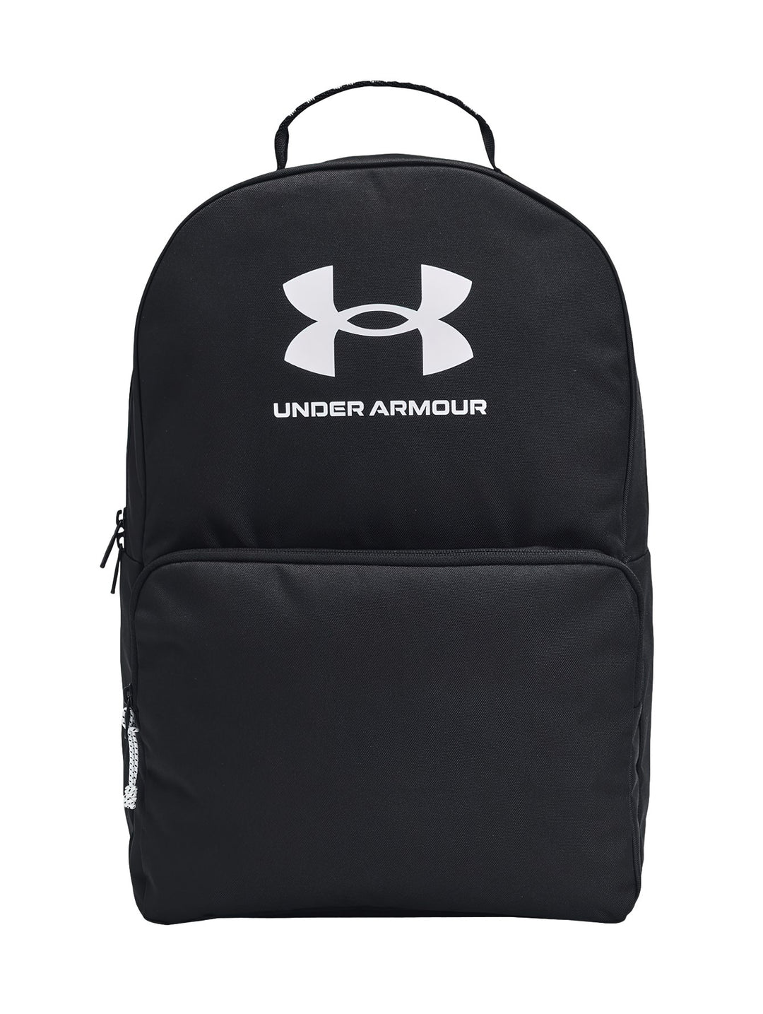 Mochila deportiva Under Armour de color negro con logotipo blanco en el centro y bolsillo frontal.
