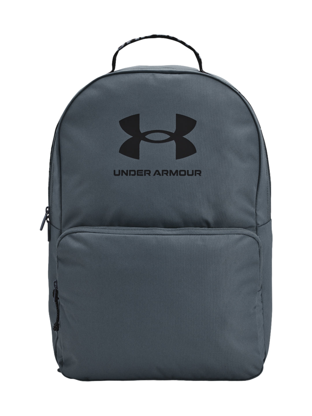 Mochila escolar Under Armour de color gris con logotipo negro en el centro y bolsillo frontal.