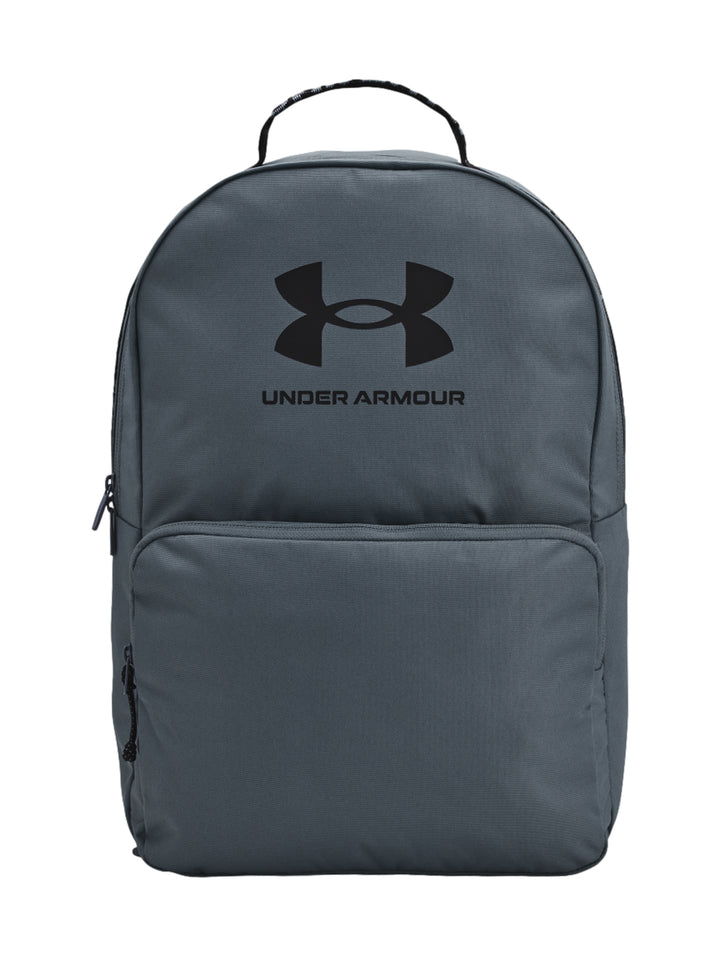 Mochila escolar Under Armour de color gris con logotipo negro en el centro y bolsillo frontal.