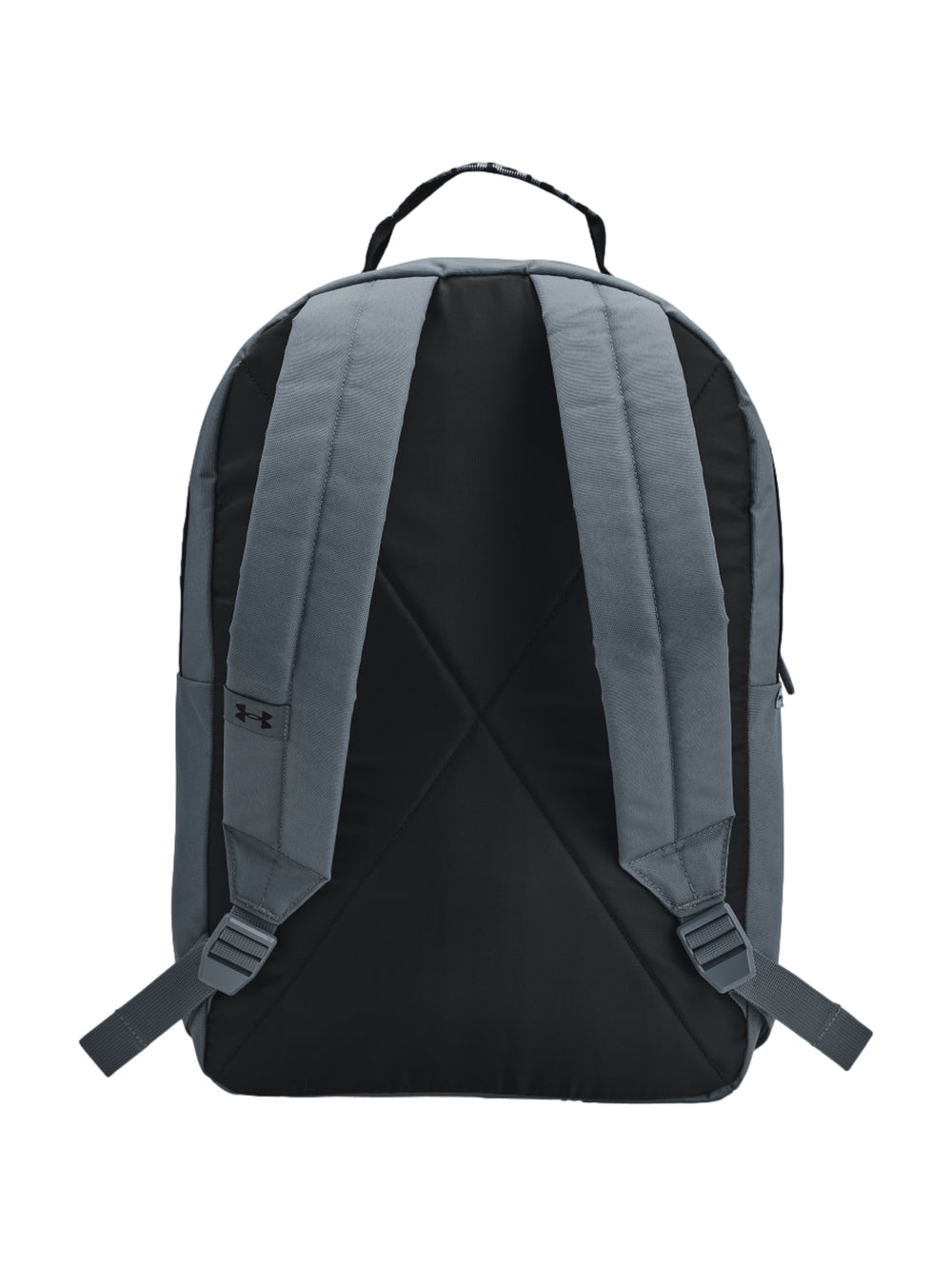 Mochila escolar Under Armour de color gris con logotipo negro en el centro y bolsillo frontal.