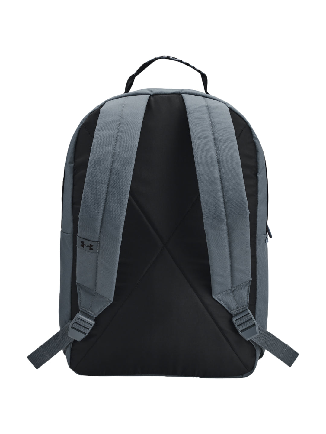 Mochila escolar Under Armour de color gris con logotipo negro en el centro y bolsillo frontal.