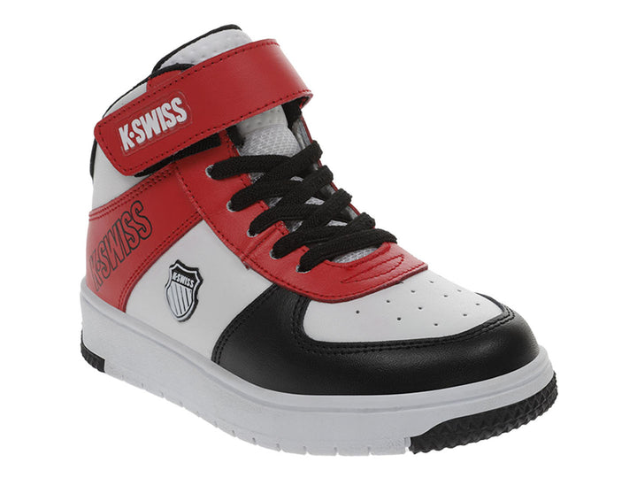 Tenis K-Swiss infantiles color blanco, rojo y negro, diseño de bota con cierre de agujetas y correa.