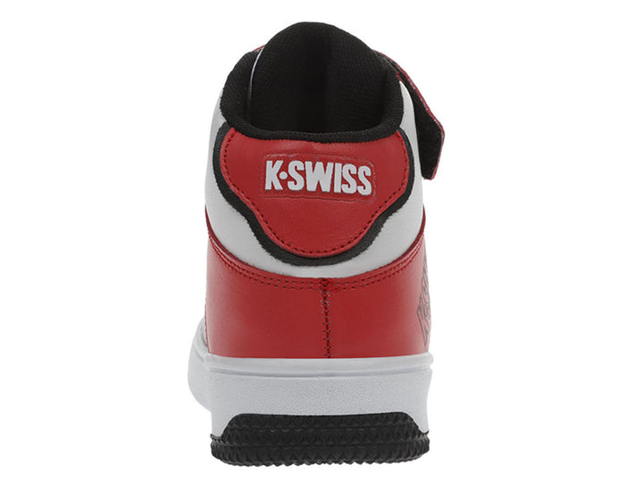 Tenis K-Swiss infantiles color blanco, rojo y negro, diseño de bota con cierre de agujetas y correa.