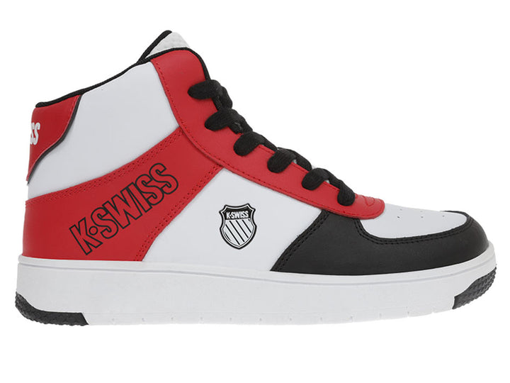 Tenis K-Swiss de bota media en colores blanco, rojo y negro.