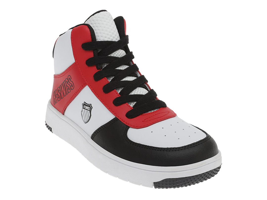 Tenis K-Swiss de bota media en colores blanco, rojo y negro.
