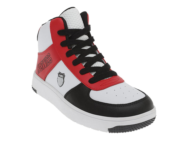 Tenis K-Swiss de bota media en colores blanco, rojo y negro.