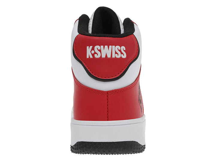 Tenis K-Swiss de bota media en colores blanco, rojo y negro.