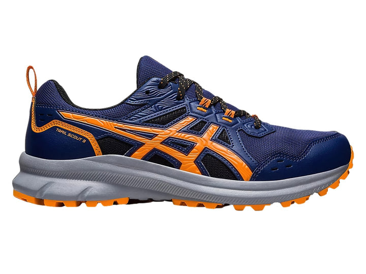 Tenis ASICS Trail Scout 3 color azul marino con detalles en naranja y suela gris.