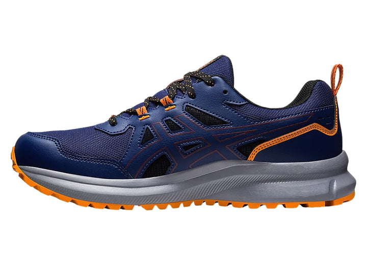 Tenis ASICS Trail Scout 3 color azul marino con detalles en naranja y suela gris.