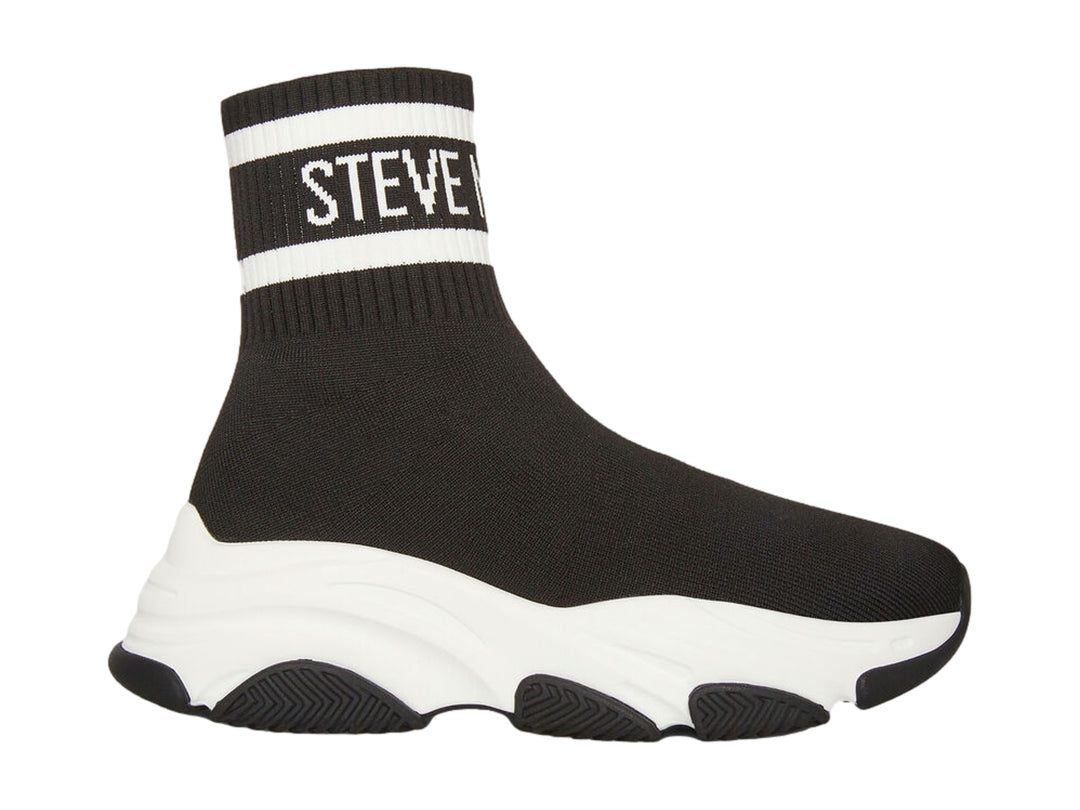 Tenis Steve Madden modelo Peters On en color negro con suela blanca gruesa y diseño tipo calcetín.