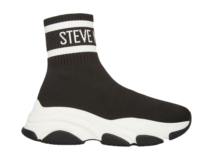Tenis Steve Madden modelo Peters On en color negro con suela blanca gruesa y diseño tipo calcetín.