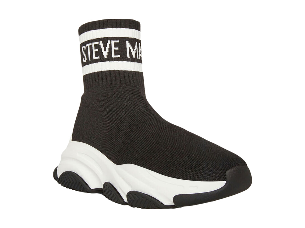 Tenis Steve Madden modelo Peters On en color negro con suela blanca gruesa y diseño tipo calcetín.
