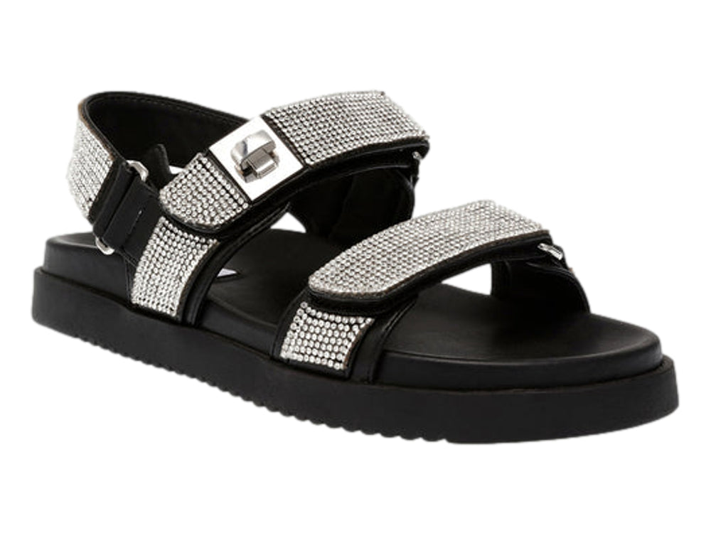 Sandalia Steve Madden color negro con correas decoradas en cristales plateados y suela de plataforma.