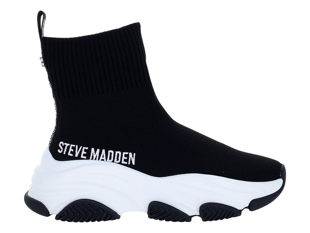 Tenis Steve Madden negros estilo calcetín con suela gruesa blanca y negra.