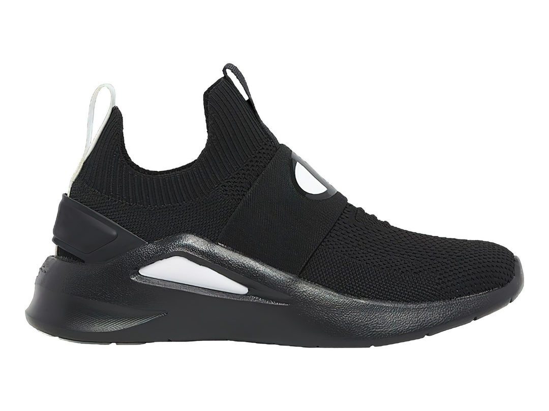 Tenis deportivos Champion color negro con detalles en blanco, diseño tipo calcetín sin agujetas y suela robusta.