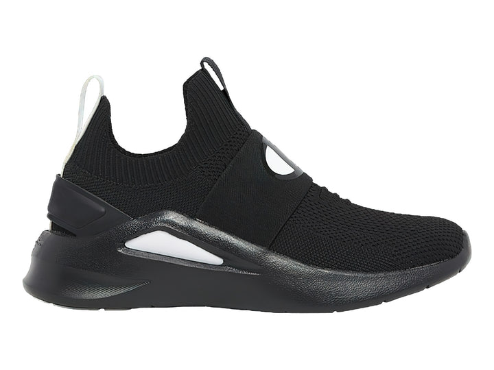 Tenis deportivos Champion color negro con detalles en blanco, diseño tipo calcetín sin agujetas y suela robusta.