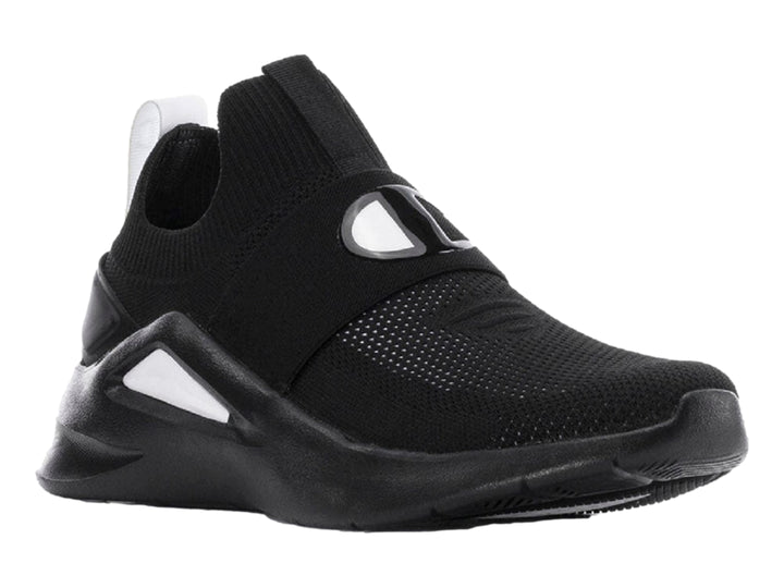 Tenis deportivos Champion color negro con detalles en blanco, diseño tipo calcetín sin agujetas y suela robusta.