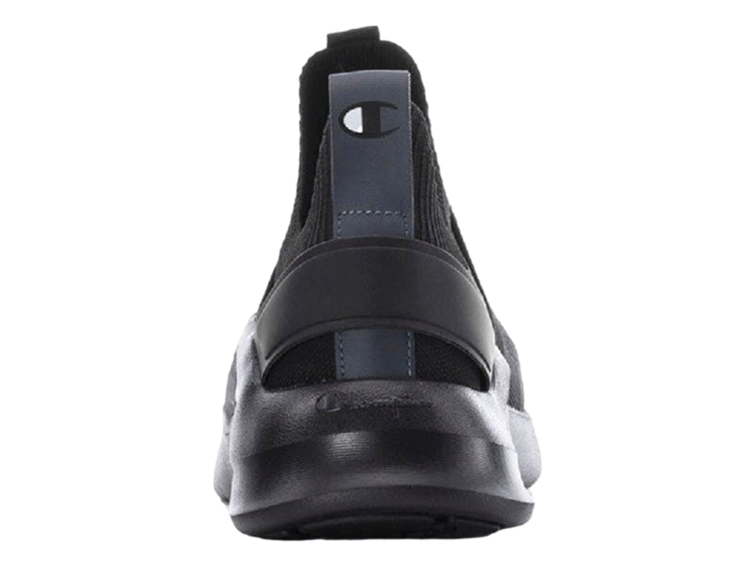 Tenis deportivos Champion color negro con detalles en blanco, diseño tipo calcetín sin agujetas y suela robusta.
