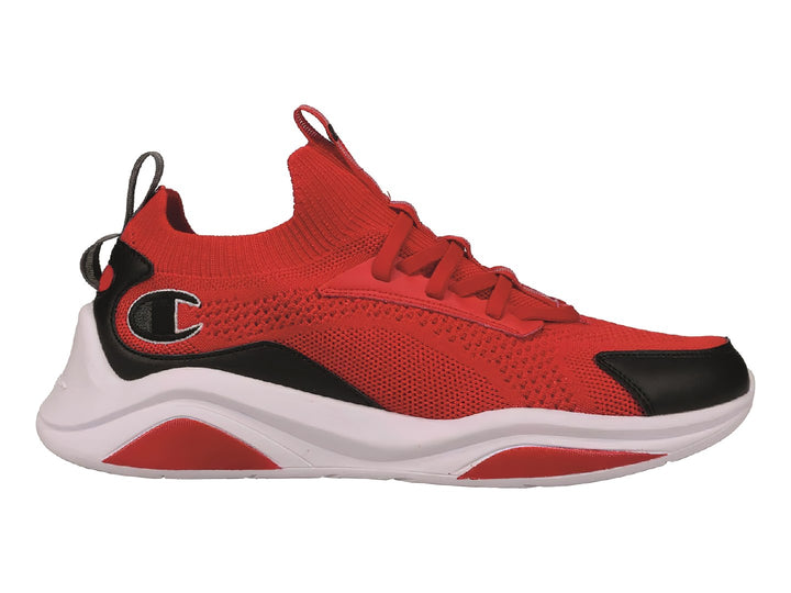 Tenis deportivos Champion color rojo con detalles negros y suela blanca.