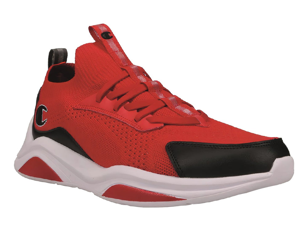 Tenis deportivos Champion color rojo con detalles negros y suela blanca.