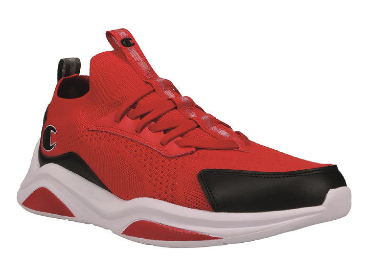 Tenis deportivos Champion color rojo con detalles negros y suela blanca.