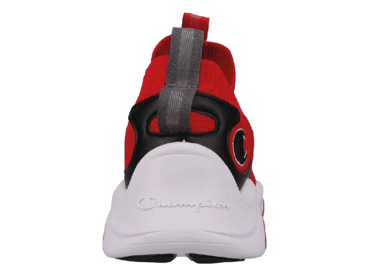 Tenis deportivos Champion color rojo con detalles negros y suela blanca.