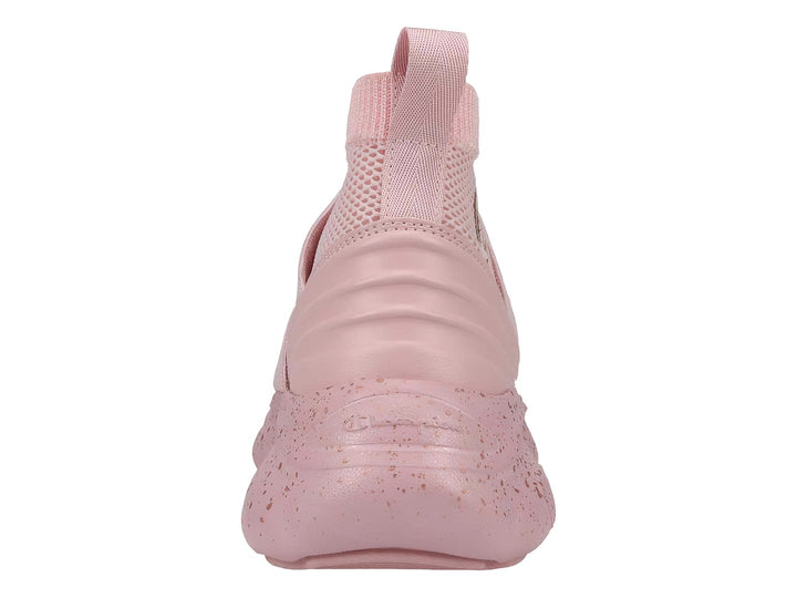 Tenis Champion color rosa pastel con diseño de bota, sin cordones y suela robusta moteada.