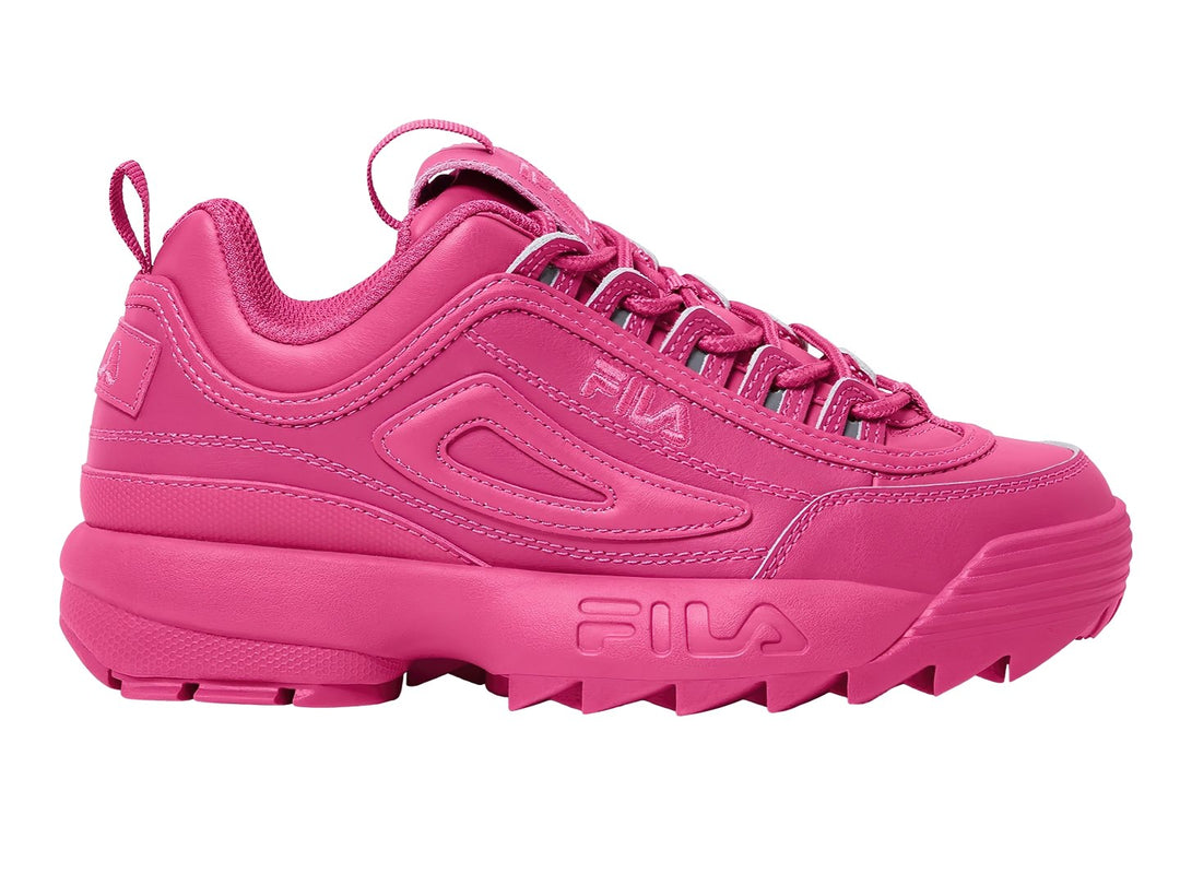 Tenis FILA Disruptor II Premium en color rosa intenso con suela robusta y dentada.
