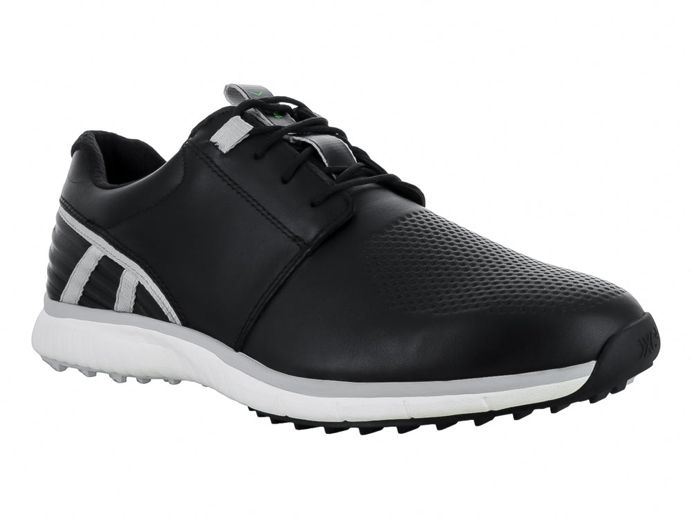 Zapato híbrido negro de cuero con suela blanca y detalles grises.