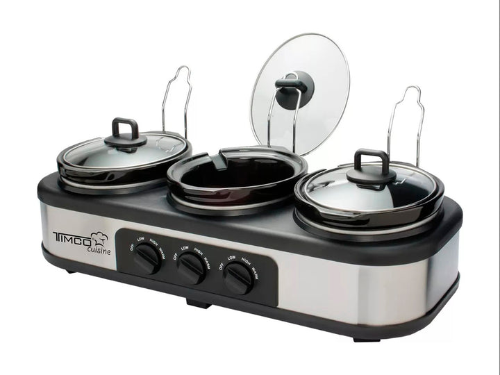 Bufetera eléctrica Timco de tres recipientes con tapas de vidrio y cuerpo de acero inoxidable y negro.