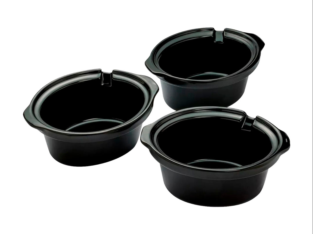 Bufetera eléctrica Timco de tres recipientes con tapas de vidrio y cuerpo de acero inoxidable y negro.