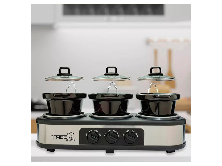 Bufetera eléctrica Timco de tres recipientes con tapas de vidrio y cuerpo de acero inoxidable y negro.