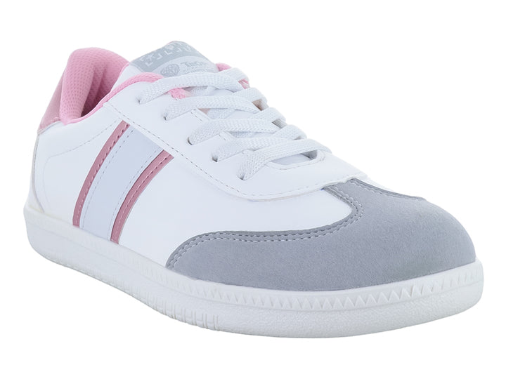 Tenis blancos para Niña con punta gris, detalles en rosa y suela blanca.