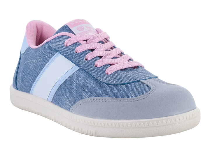 Tenis deportivos para niña en color azul con detalles y agujetas en rosa y suela blanca.