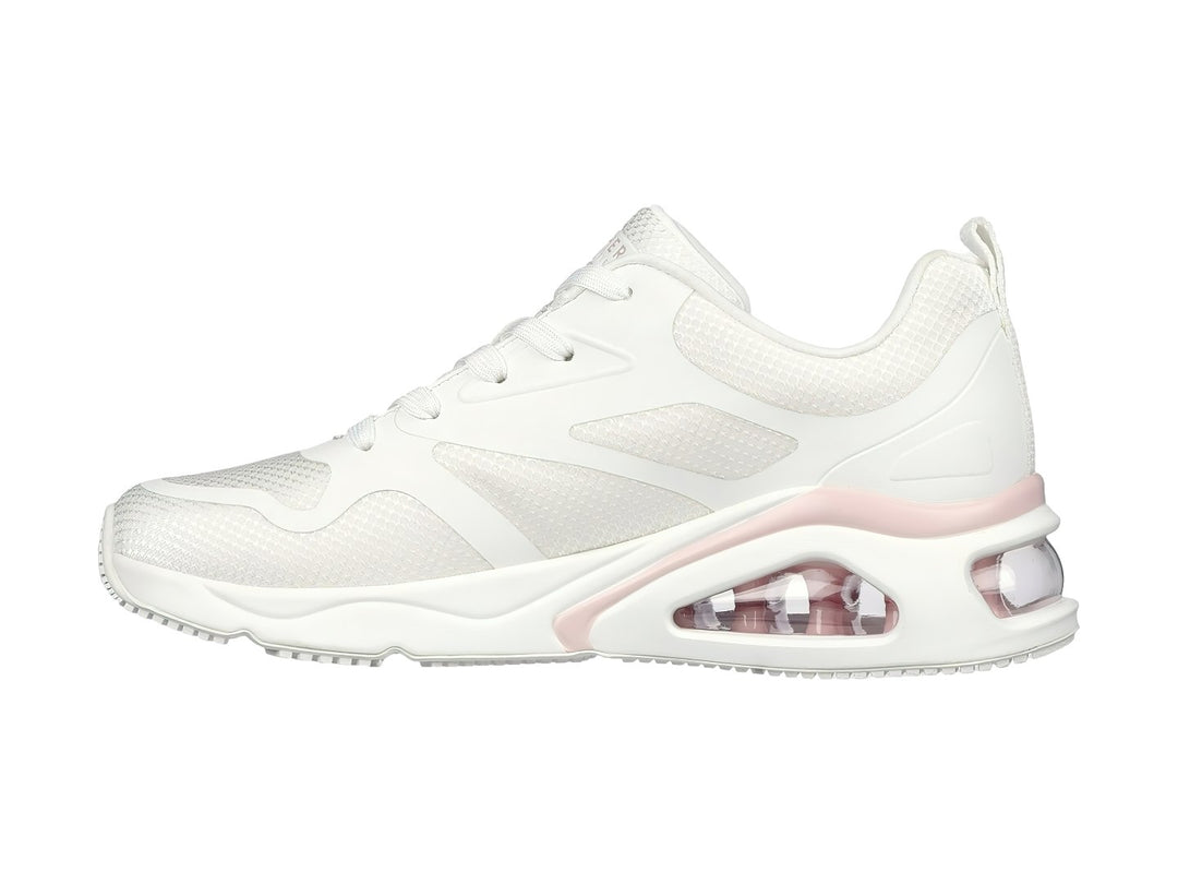 Tenis deportivos Skechers blancos con detalle rosa y cámara de aire en el talón.