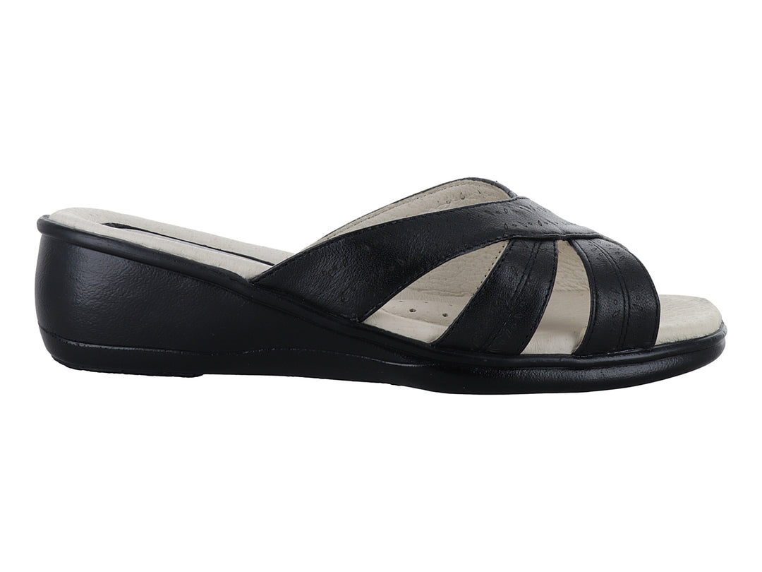 Sandalia de confort color negro con plantilla beige y diseño de tiras cruzadas.