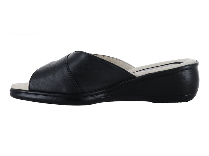 Sandalia de confort color negro con plantilla beige y diseño de tiras cruzadas.