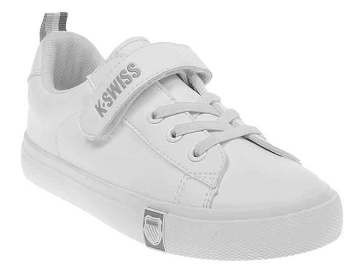 Tenis K-Swiss Mini Trinity color blanco para bebé con cierre de velcro y suela blanca.