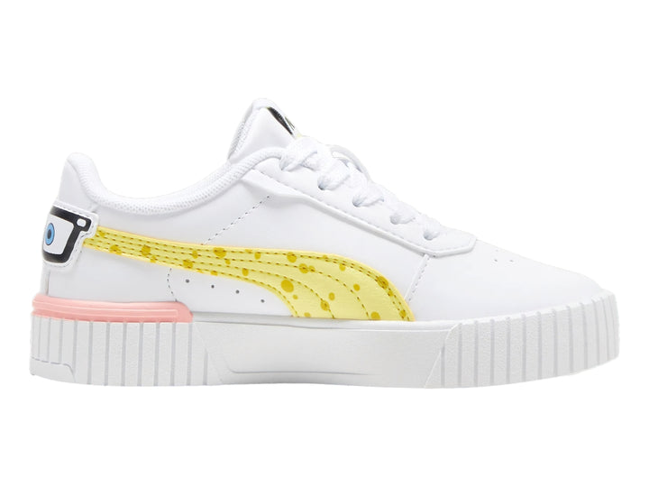 Tenis PUMA blancos con detalles amarillos y rosas, diseño de Bob Esponja para Niño.