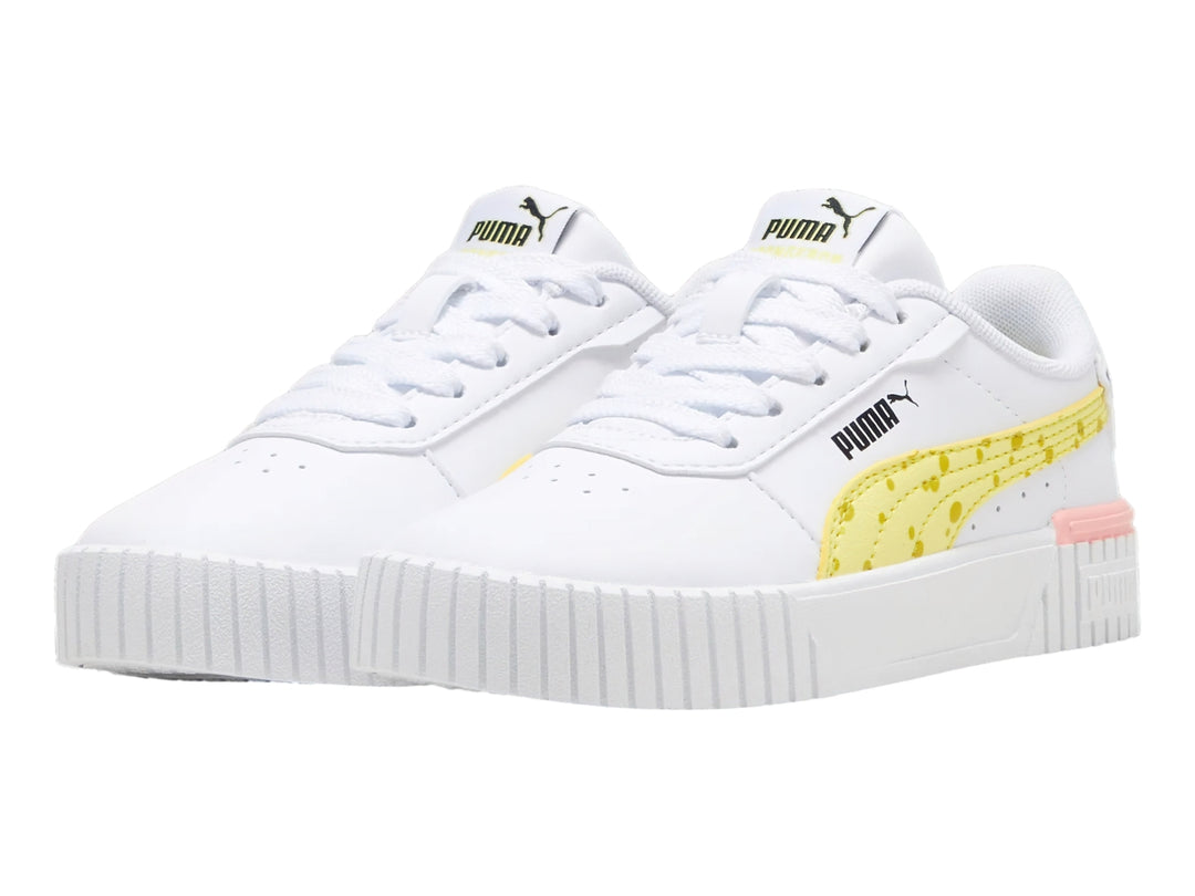 Tenis PUMA blancos con detalles amarillos y rosas, diseño de Bob Esponja para Niño.
