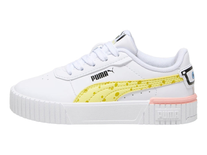 Tenis PUMA blancos con detalles amarillos y rosas, diseño de Bob Esponja para Niño.