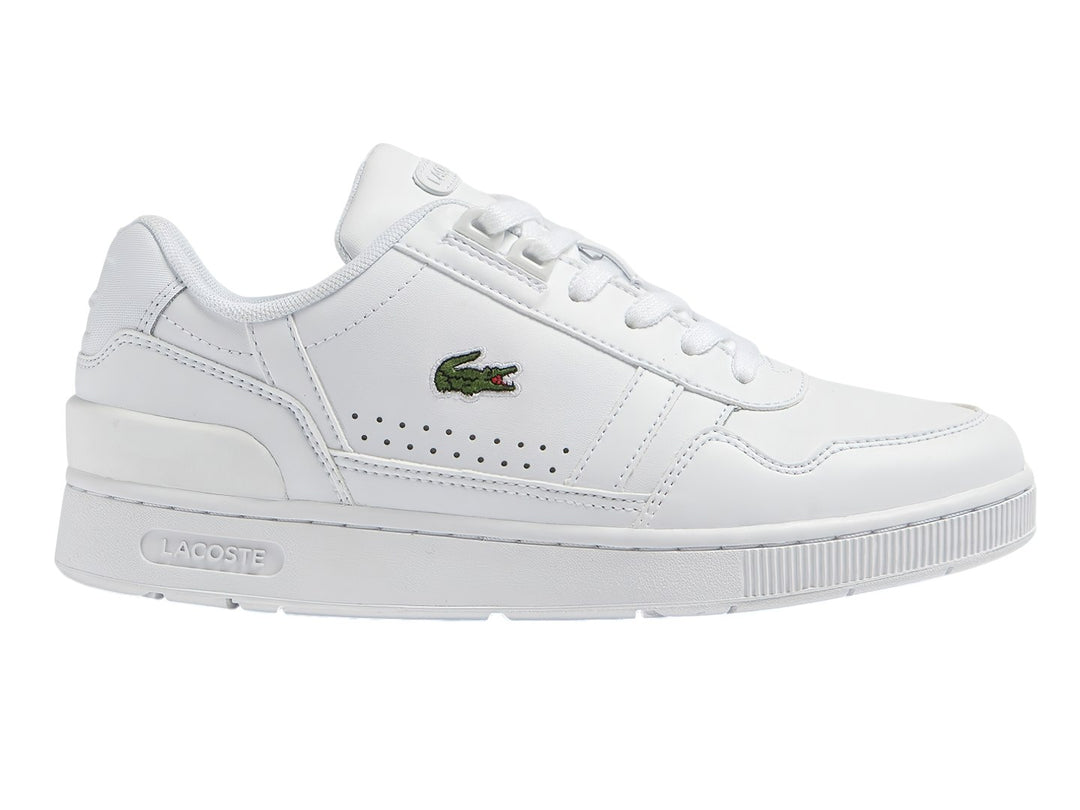 Tenis Lacoste T-Clip en color blanco de cuero con logotipo del cocodrilo verde en el lateral.