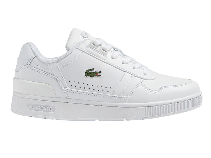 Tenis Lacoste T-Clip en color blanco de cuero con logotipo del cocodrilo verde en el lateral.