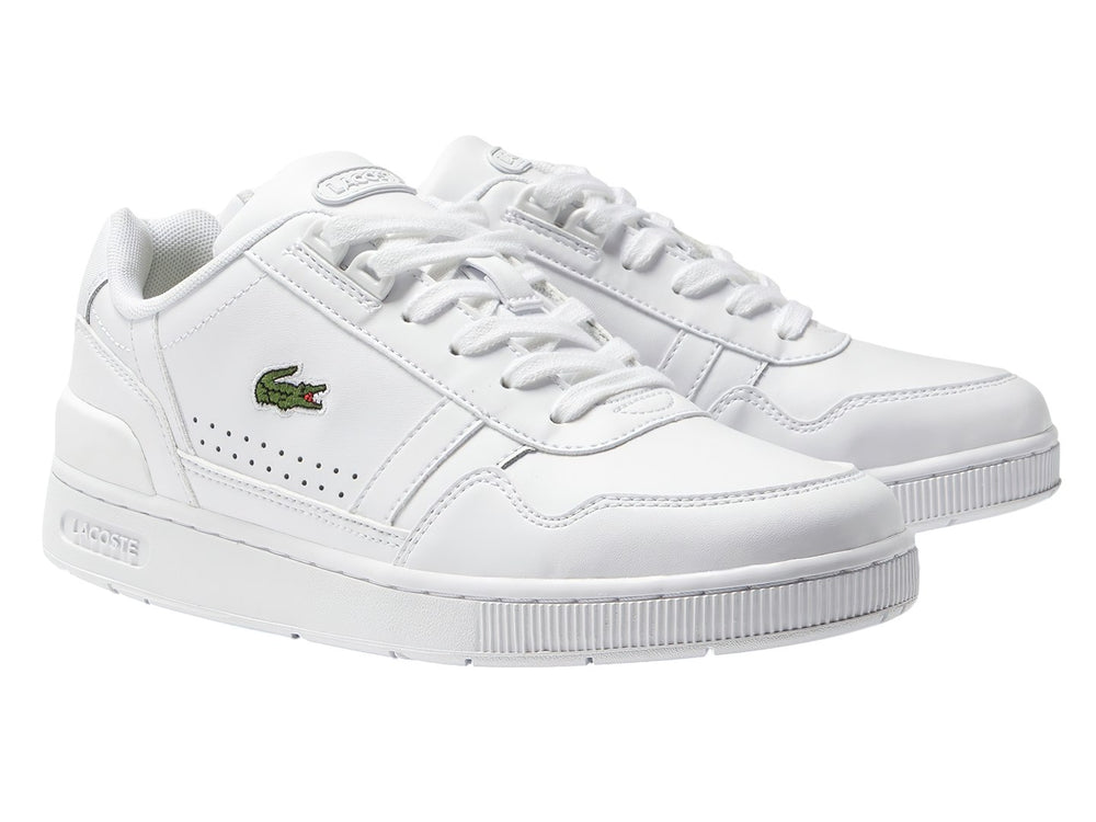 Tenis Lacoste T-Clip en color blanco de cuero con logotipo del cocodrilo verde en el lateral.