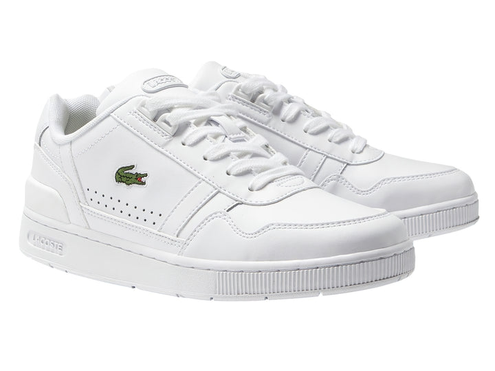 Tenis Lacoste T-Clip en color blanco de cuero con logotipo del cocodrilo verde en el lateral.