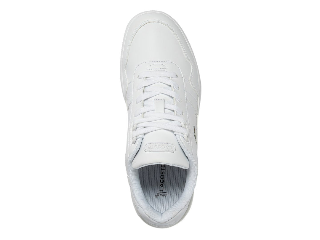 Tenis Lacoste T-Clip en color blanco de cuero con logotipo del cocodrilo verde en el lateral.