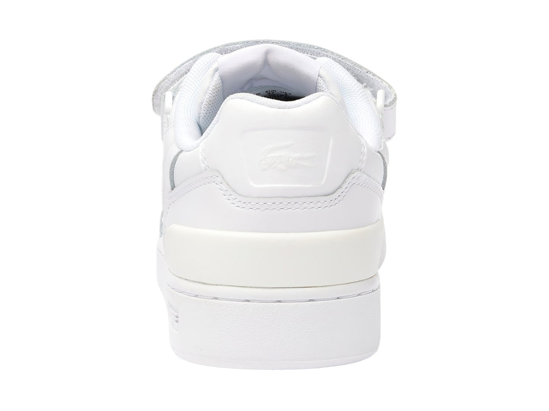 Tenis deportivos Lacoste color blanco con cierre de velcro y agujetas, diseño clásico y limpio.